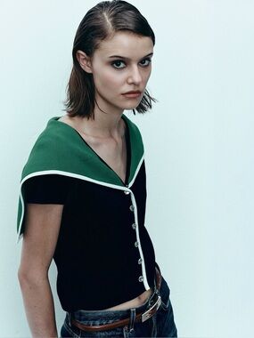 ZARA Navy Sailor-Collar Knit Top with Combined Lapel. New M